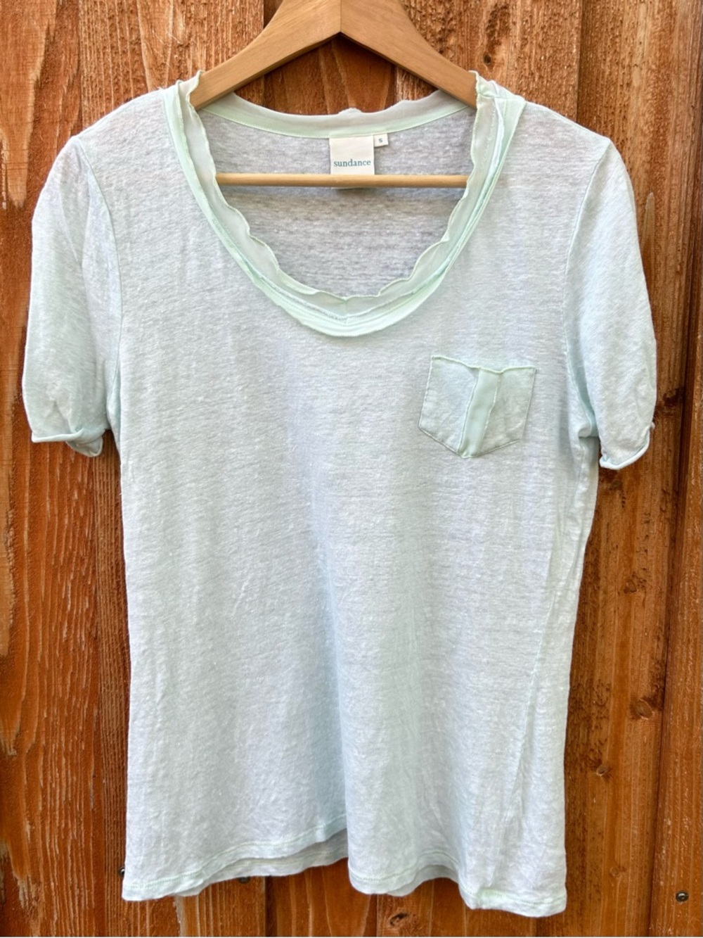 Sundance Mint Green 100% Linen Pocket Chiffon Trim Tee Summer Lightweight Size S